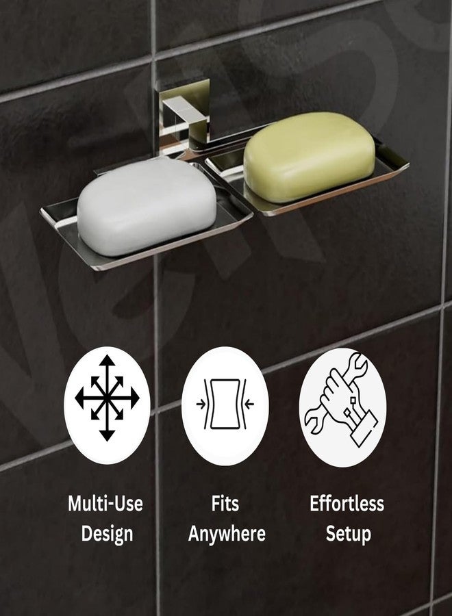 Well Set Stainless Steel Double Soap Dish Holder | Wall Mounted Chrome Finish Square Soap Stand for Bathroom & Kitchen | Rust-Resistant Bathroom Accessory for Home Use - Image 3